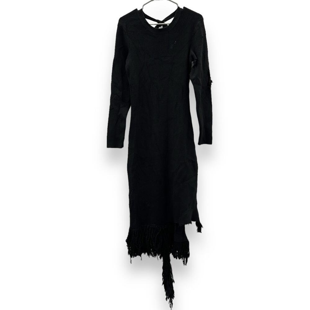 RTR Eudon Choi Collective Black‎ Knit Long Sleeve Fringe Hem Sweater Dress Sz L